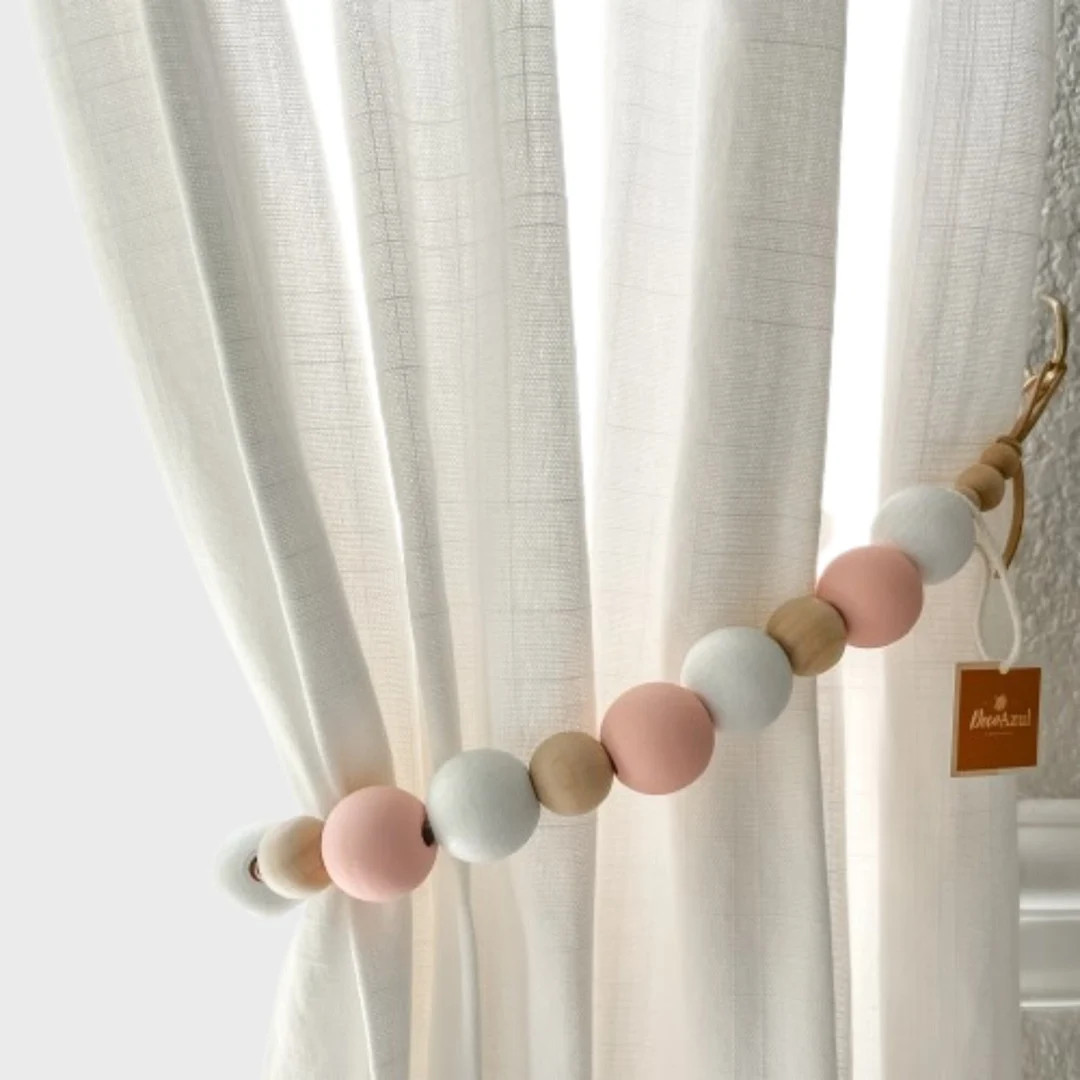 Pink Nursery Curtain Tiebacks, Wooden Beads, Boho Decor - Etsy | Etsy (US)