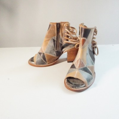 FREEBIRD BY STEVEN 'Bay' Patchwork Open Toe Booties Lace Up Heel Ankle Boots | eBay US