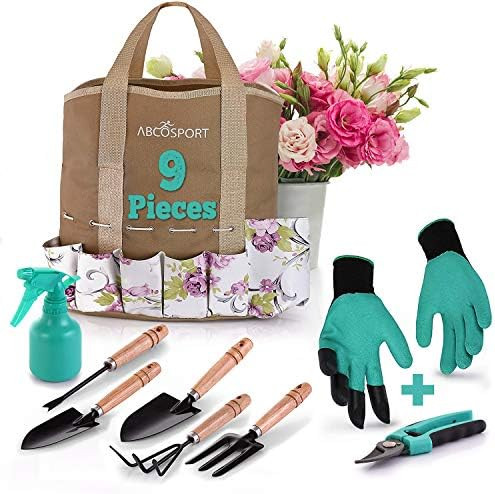 Garden Tools Set - 9 Piece Gardening Kit - Easy to Carry Tote Bag - Pretty Floral Design - Ergono... | Amazon (US)