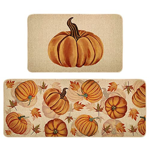 Fall Pumpkin Kitchen Mats Set of 2, Autumn Kitchen Rugs, Non-Slip Absorbent Door Mats, Seasonal Thanksgiving Home Decor Kitchen Floor Mat 17x29 and 17x47 Inch DM087 | Amazon (US)