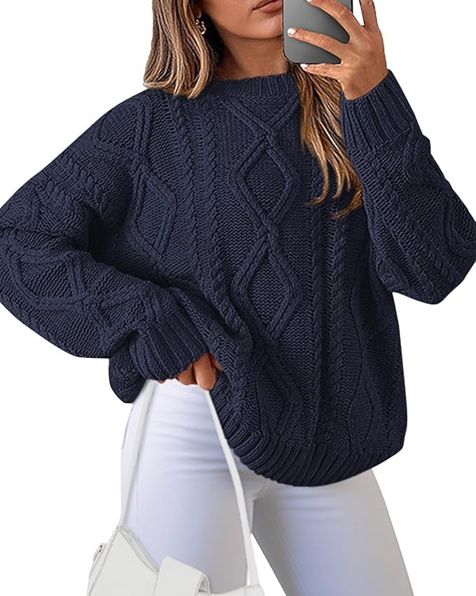 BTFBM Casual Women Long Sleeve Sweater 2026 Fall Ribbed Knit Pullover Loose Crewneck Cable Sweate... | Amazon (US)