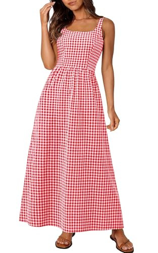 PRETTYGARDEN Women's 2026 Summer Spaghetti Strap Maxi Dresses Plaid Square Neck A Line Casual Bea... | Amazon (US)