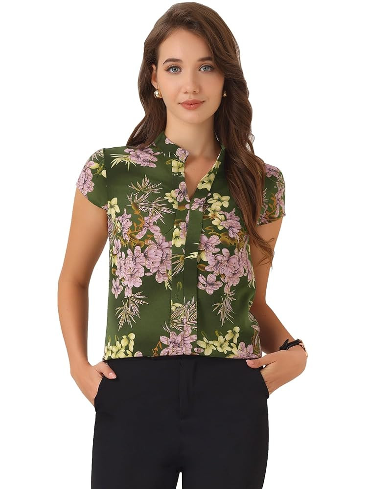 Allegra K Satin Work Blouses for Women's Floral Vintage Cap Sleeve Business Casual Blouse | Amazon (US)