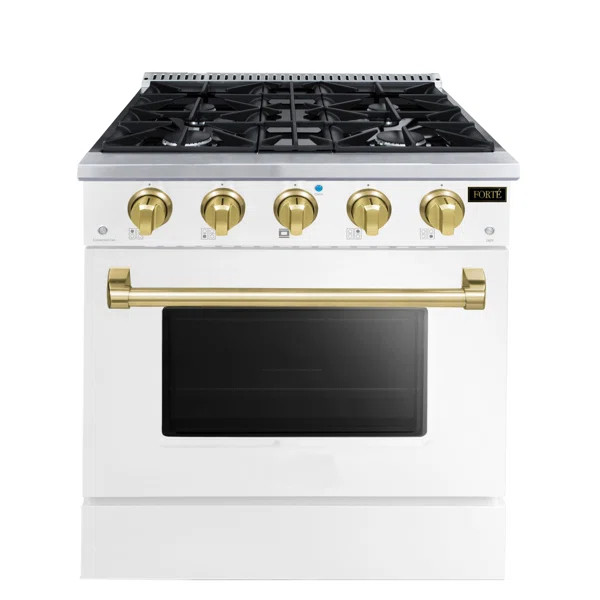 30" Range with Natural Gas, 4 Sealed Burners, 3.53 cu. ft. Oven Capacity in White with Brass Trim | Wayfair North America