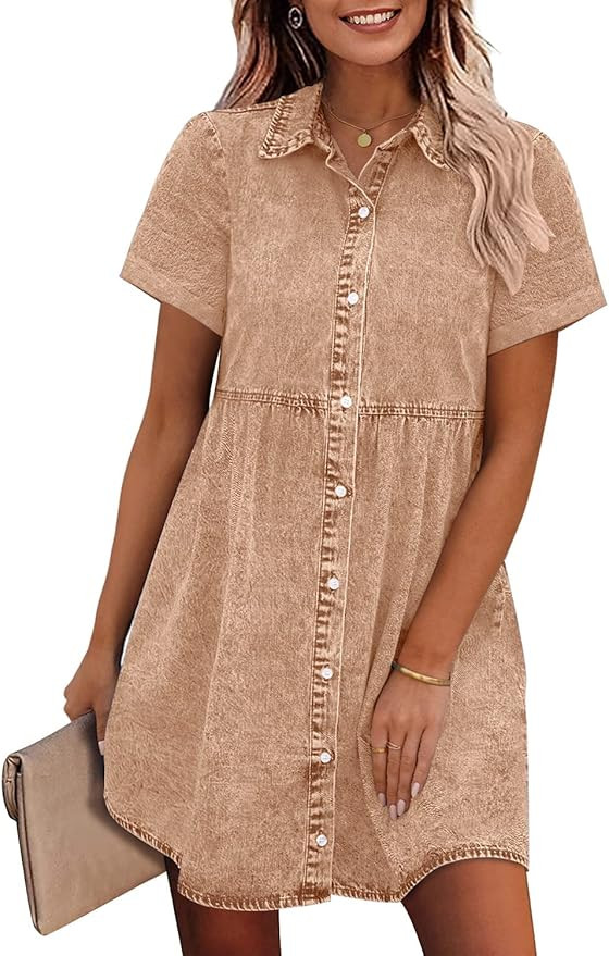GRAPENT Denim Dress for Women Babydoll Tiered Short Sleeve Button Down Jean Shirt Dresses | Amazon (US)