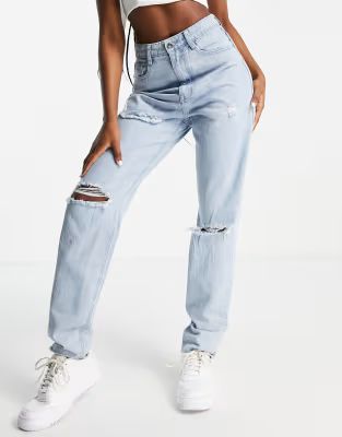 Missguided Riot high rise mom jean with cut hem in lightwash blue | ASOS (Global)