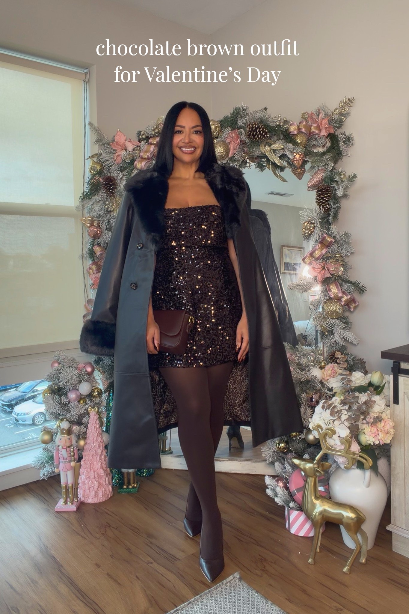 Chocolate brown outfit Inspo for your Valentine’s Day date night 😍 

Dress does not have stretch! I sized up to a L to accommodate the girls 🍒 Similar styles tagged for all price points!

sequin mini dress, brown leather faux fur trim trench coat, brown tights, monochromatic outfit, Valentine’s Day outfit, New Year’s Eve outfit, holiday party outfit, NYE, espresso brown


#LTKOver40 #LTKFindsUnder50 #LTKPetite