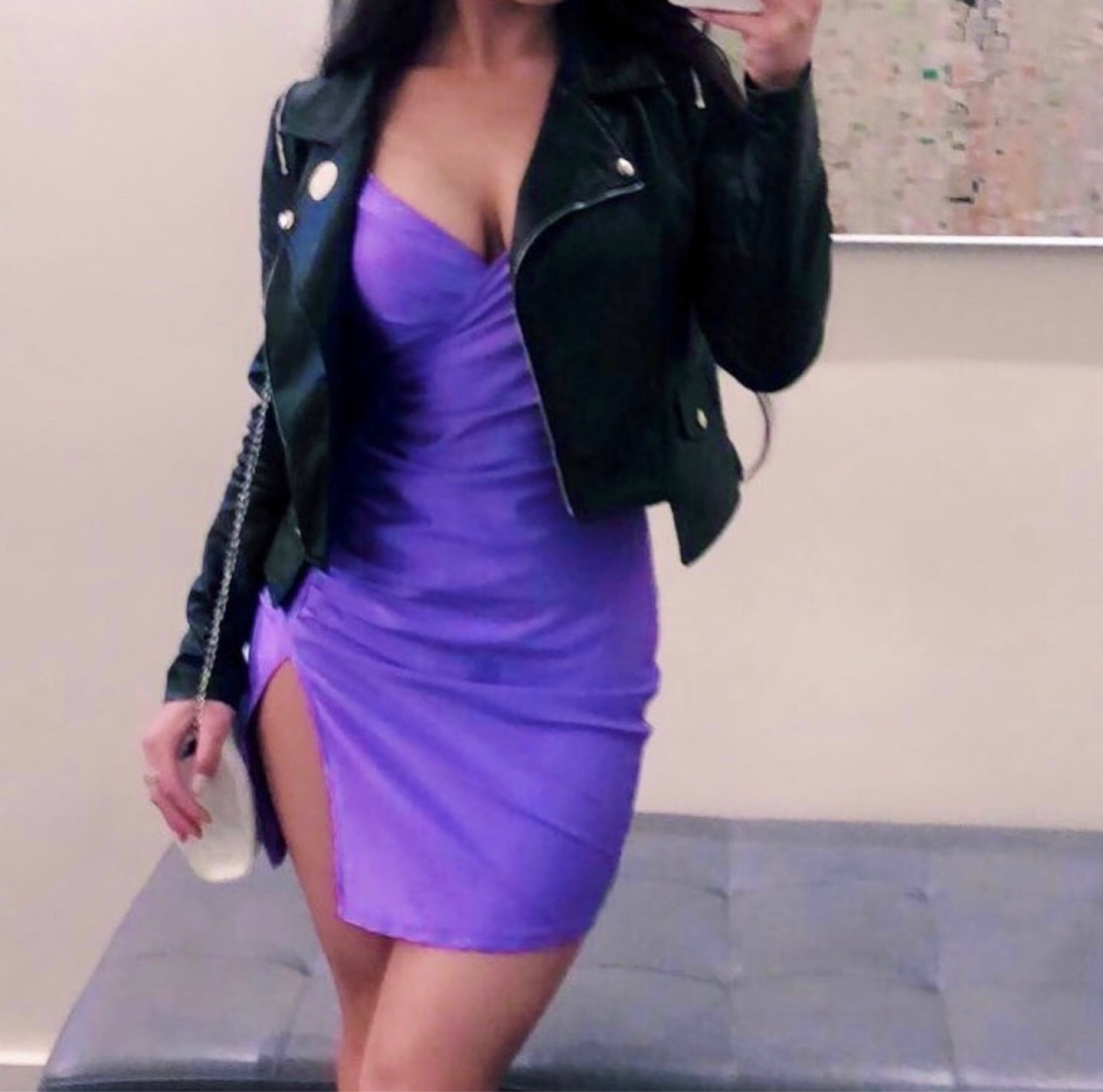 Date night outfit inspo, purple dress, black leather jacket, white Aldo purse, GNO outfit ideas 

#LTKcurves #LTKstyletip #LTKFind