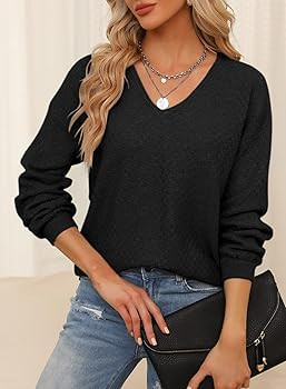 EVALESS Long Sleeve Sweaters for Women Fashion V Neck Waffle Knit Sweater Tops Fall 2024 Outfits ... | Amazon (US)