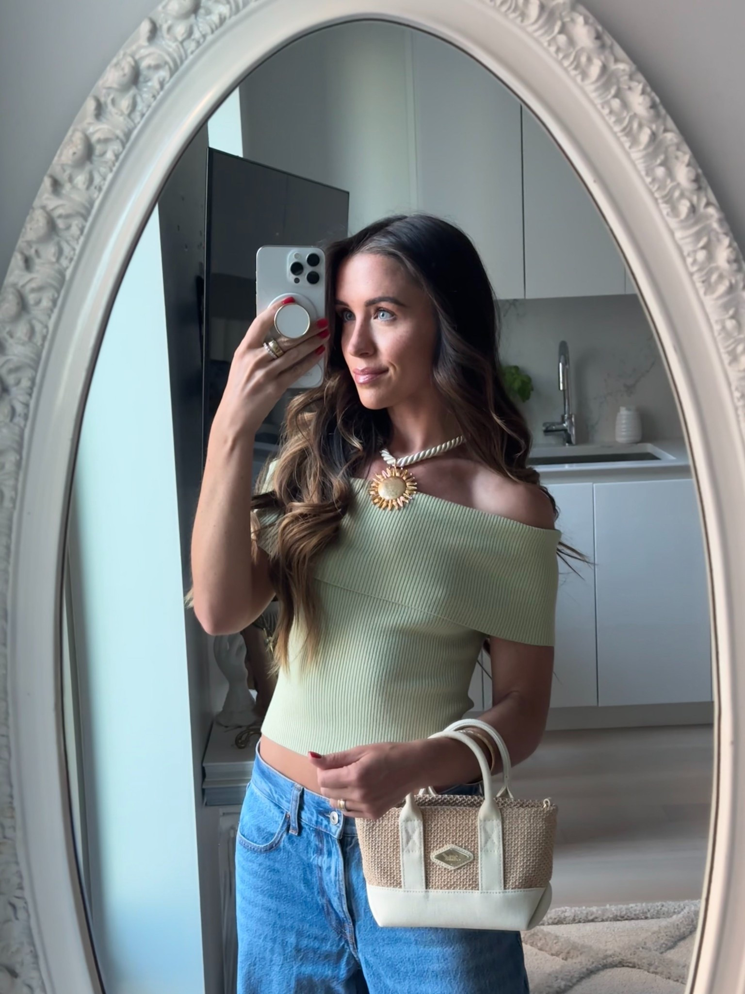 summer outfit 🍋‍🟩
off the shoulder sweater top is an XS
the sun necklace is from Zara! 

#LTKSummerEdit