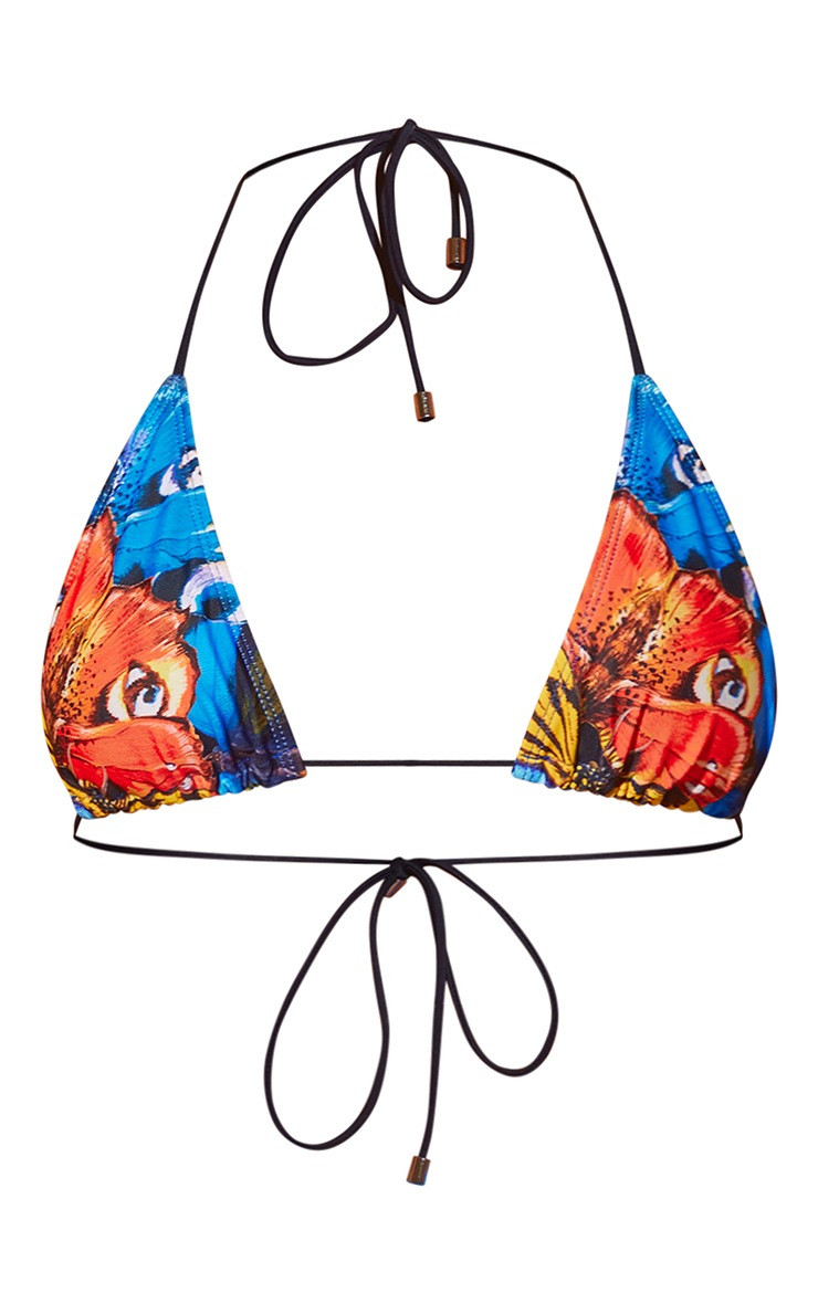 Blue Abstract Butterfly Print Triangle Bikini Top | PrettyLittleThing US