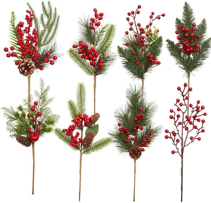 Bibelot 8 Pack Christmas Berries Pine Picks, Artificial Red Berry Pine Needle Branches Stems with... | Amazon (US)