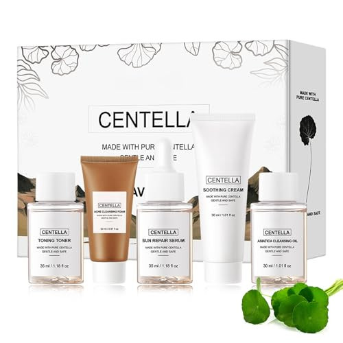 Centella Travel Kit, Toner, Sun Repair Serum, Soothing Cream, Cleansing Oil, Acne Cleansing Foam, Basic Mini Size Skin Care Kit Box & Gift Set for Women, Stocking Stuffers | Amazon (US)