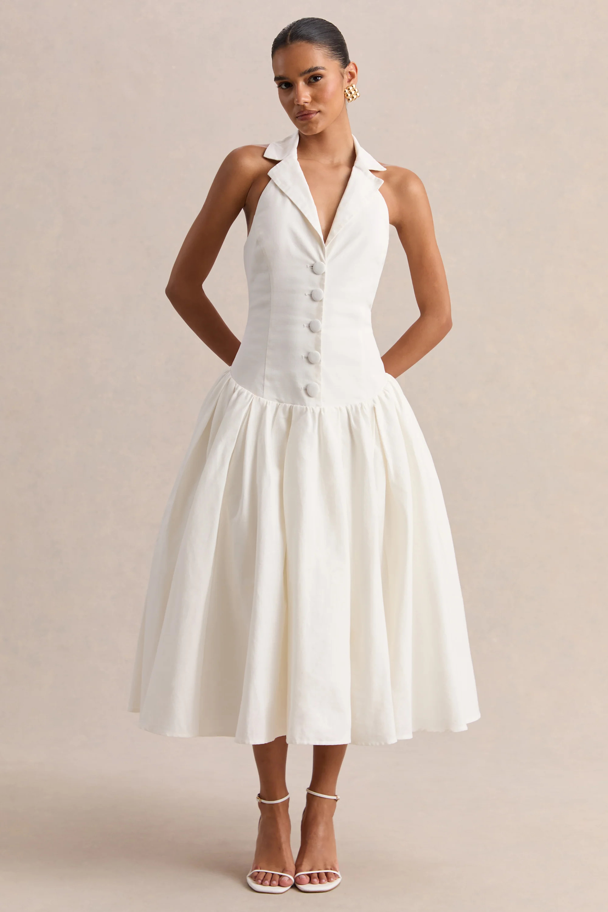 Ella | White Plunge-Neck Midi Dress With Drop-Waist | Club L London