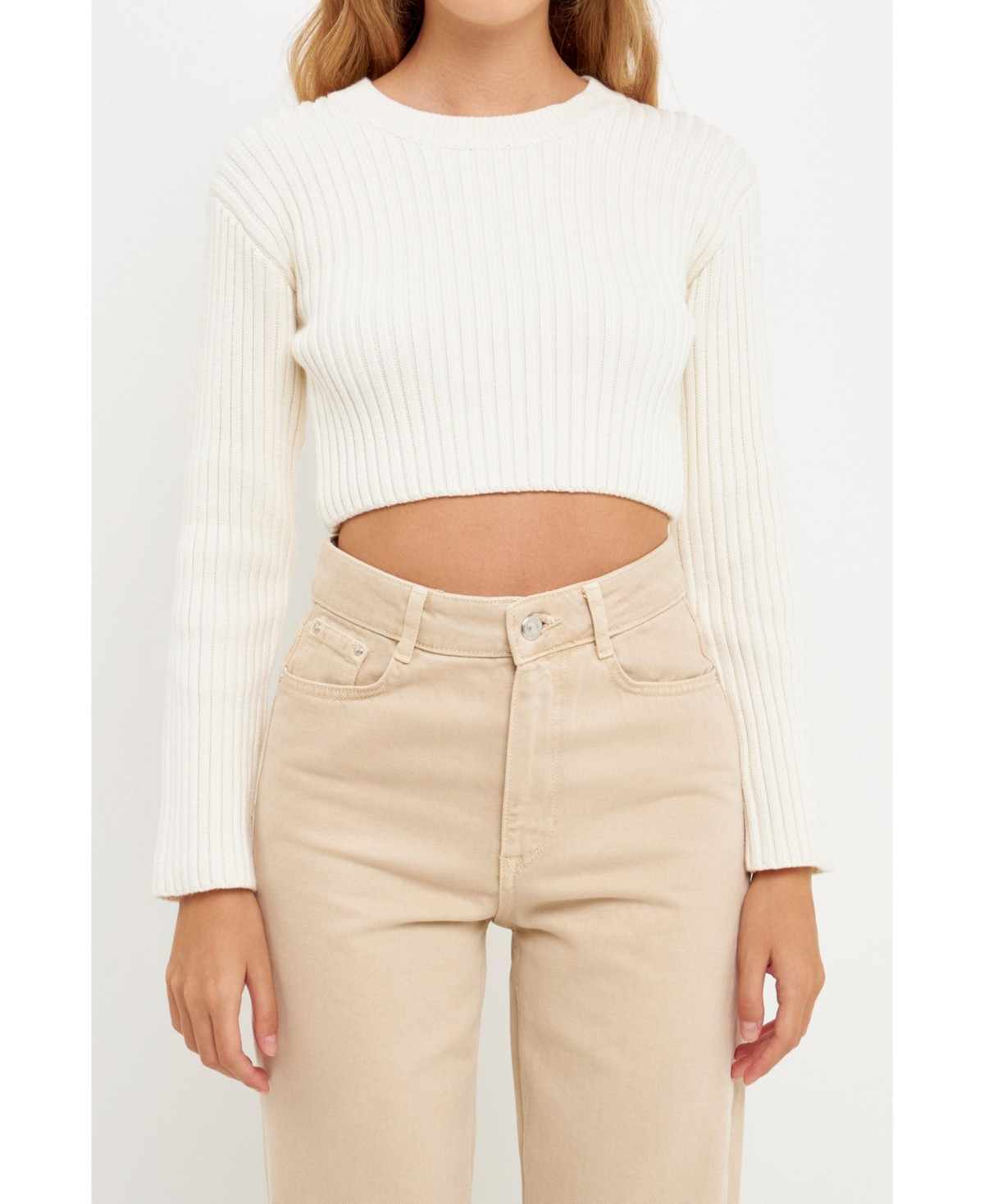 English Factory Women's Cropped Ribbed Knit Sweater - Cream | Macy's