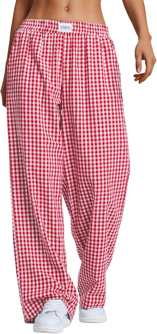 LOMON Women's Striped Gingham Boxer Pants Cotton Pajama Lounge Pj Casual Plaid Trousers Y2K Beach... | Amazon (US)