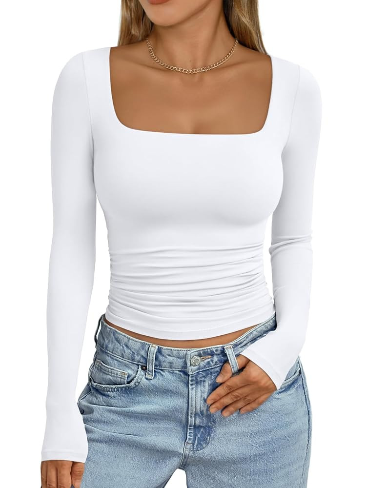 Trendy Queen Womens Long Sleeve Shirts Crop Tops Basic Square Neck Going Out Fall Fashion 2025 Fi... | Amazon (US)