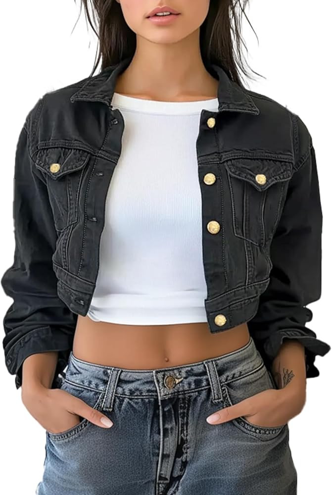 Trendy Washed Cropped Jean Jacket for Women Jean Crop Jacket Short Jean Jacket Black Gray Blue De... | Amazon (US)