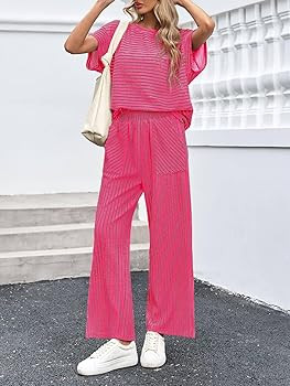 Tankaneo Womens Striped 2 Piece Sets Short Sleeve T Shirts Wide Leg Pants Matching Lounge Set wit... | Amazon (US)