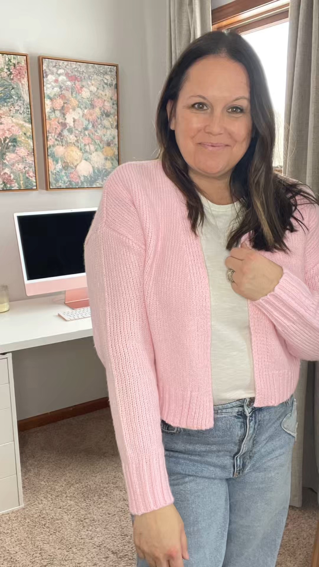 The perfect little pink cardigan for Valentine’s Day 💖 I love the cropped length and find that it’s flattering with these high waisted jeans.  It’s also one of the softest sweaters I’ve ever touched 💖 Walmart does it again with high quality and a low price of only $16 🤯 I’m wearing the Medium (8/10) Shop My entire look below. 

#LTKootd #LTKValentine #LTKOver40