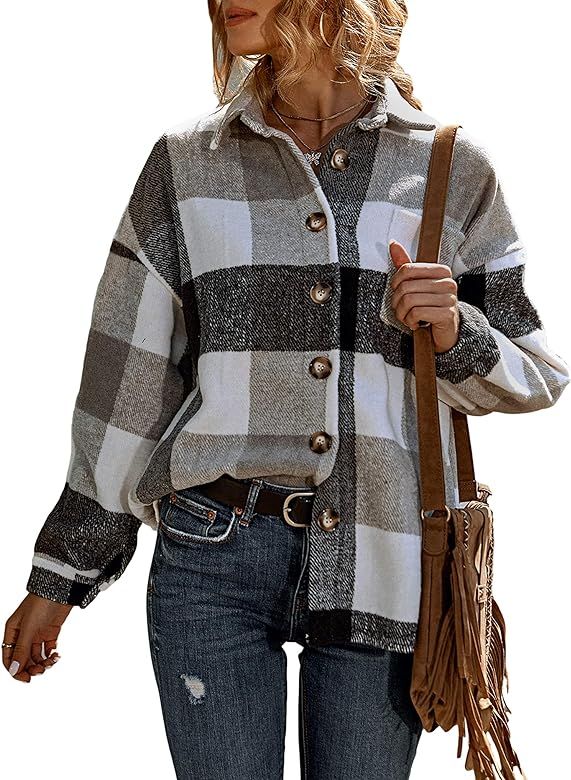 UANEO Womens Casual Plaid Button Down Long Sleeve Wool Blend Shirt Jacket Shackets | Amazon (US)