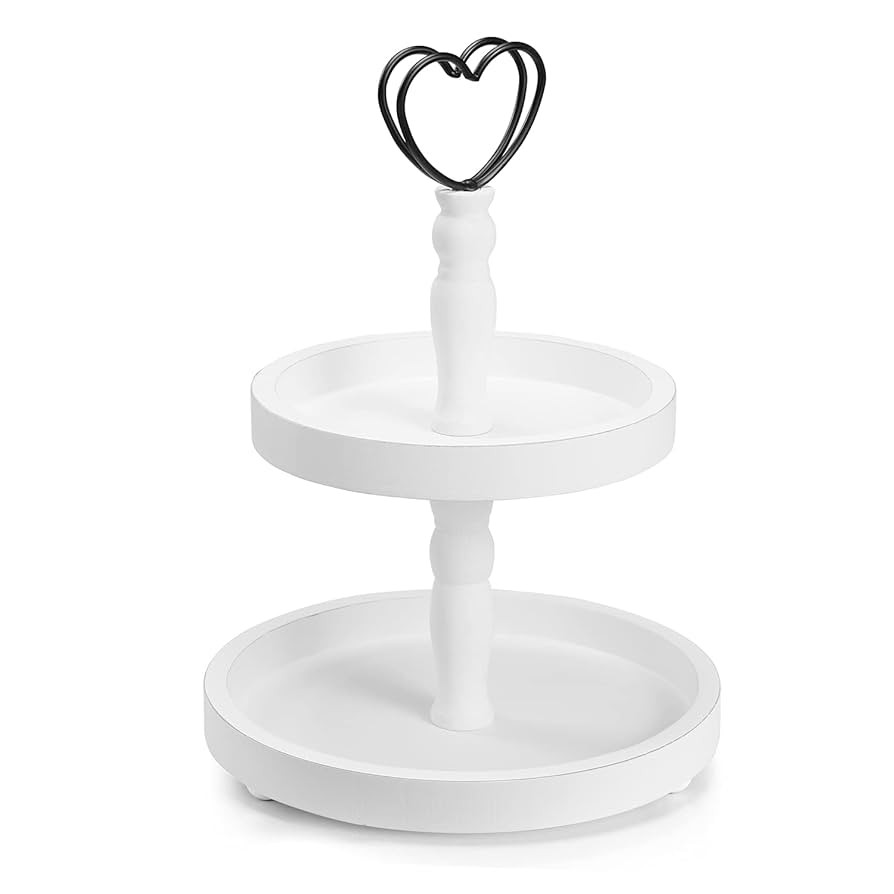 Two Tiered Tray Stand, White Tiered Decorative Tray for Vintage Decor, Round Wooden Serving Tier ... | Amazon (US)