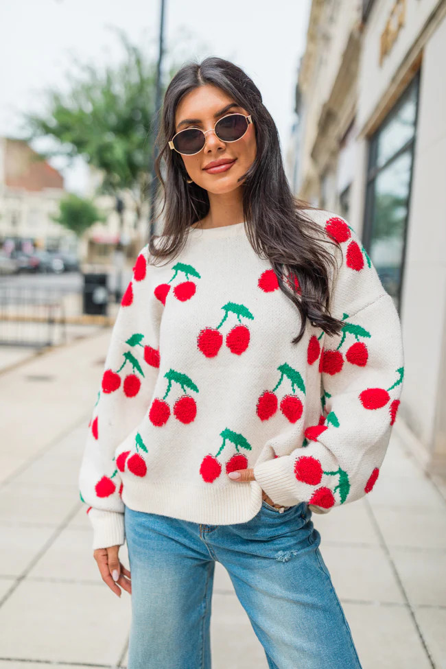 I Pick You Ivory Cherry Print Crew Neck Sweater | Pink Lily