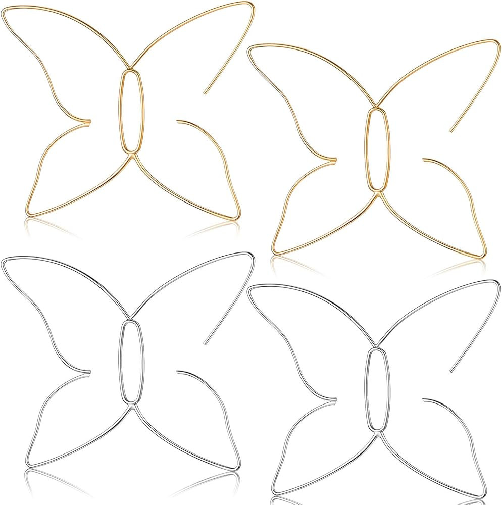 2 Pairs Large Butterfly Earrings Dainty Gold Big Hollow Butterfly Earrings Silver Metal Butterfly... | Amazon (US)