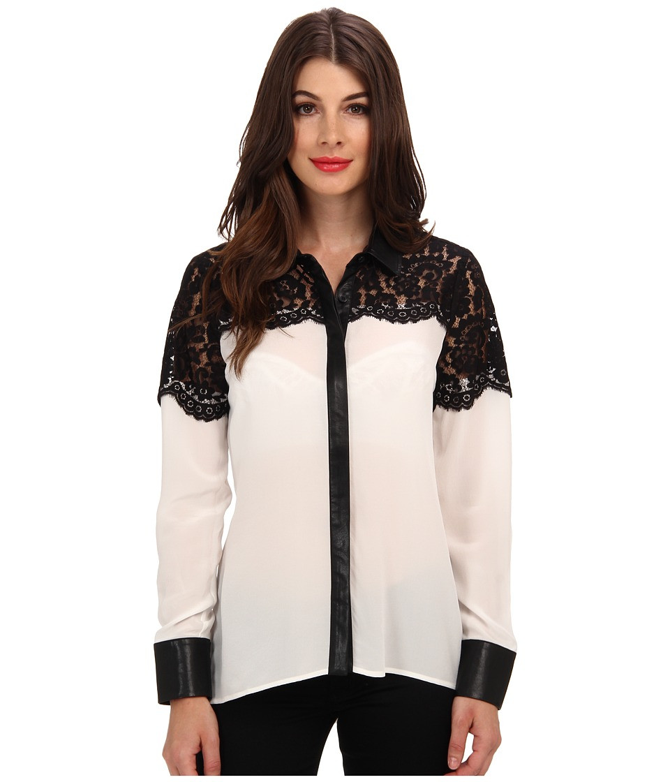Brigitte Bailey Mixed Media Blouse w/ Vegan Leather Trim (White/Black) Women's Blouse | Zappos