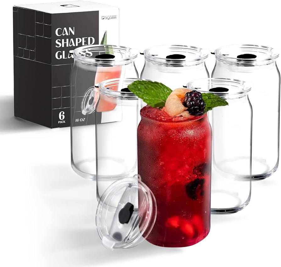 Drink Glasses Can Shaped Cocktail Glasses, Beer Mug Glass Tumblers with Lids - 6 Glassware Sets I... | Amazon (US)