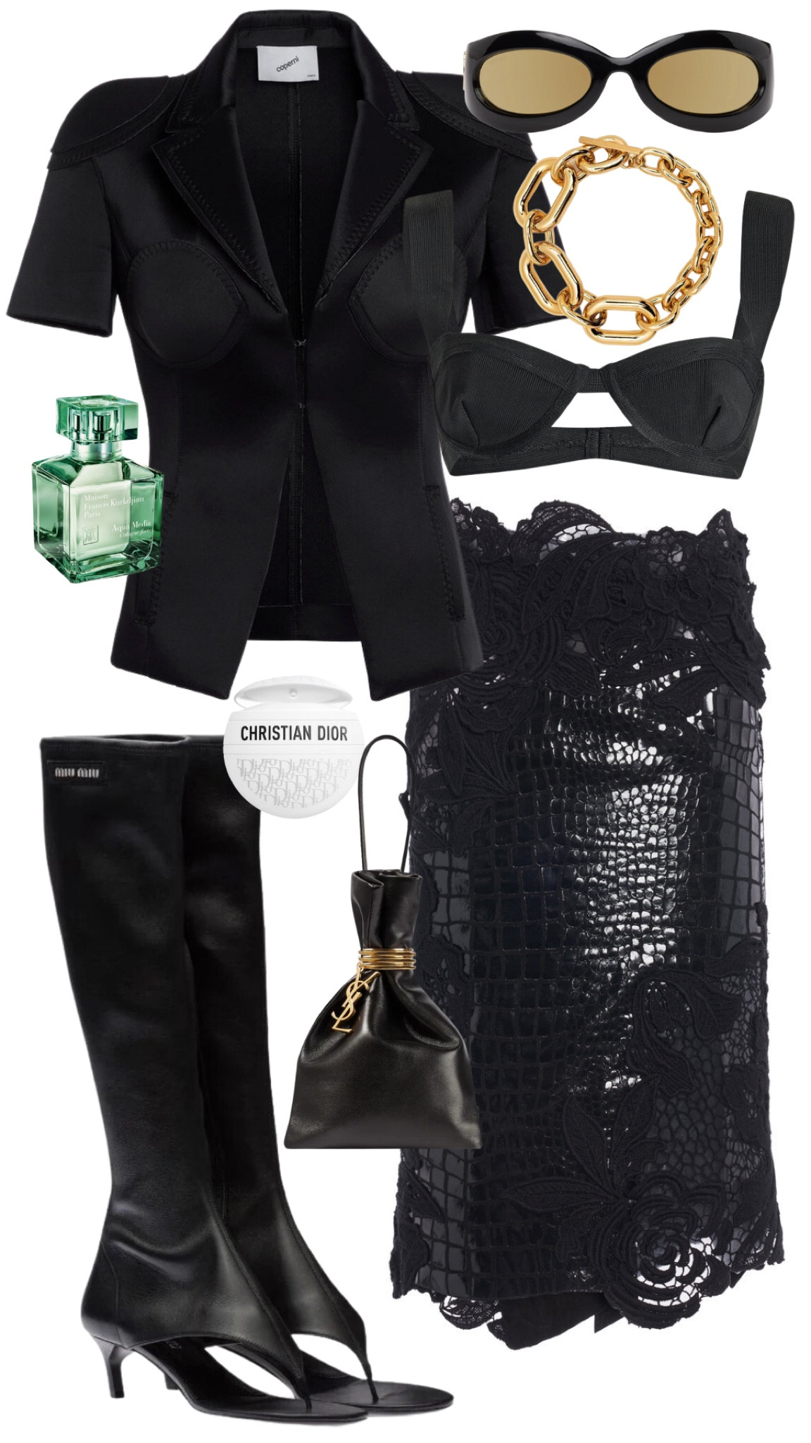 coperni jacket 
haight bralette
tom ford skirt 
miu miu thong boots 
ysl bag 
gucci sunglasses 
paco rabanne necklace 
MFK aqua media perfume 
dior the baume cream

#LTKSeasonal #LTKFind #LTKstyletip