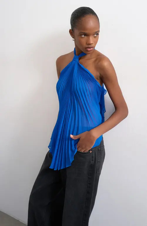Topshop Pleated Knot Neck Halter Top in Medium Blue at Nordstrom, Size 8 Us | Nordstrom