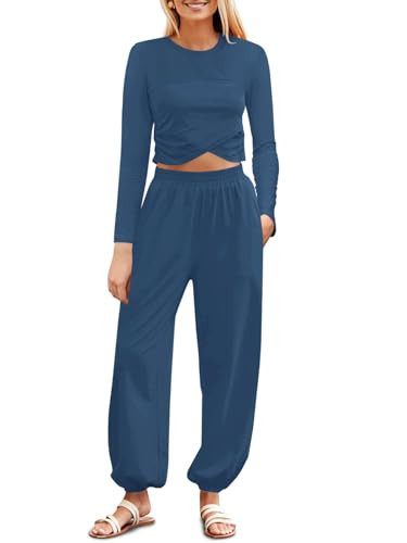 Fisoew Women's 2 Piece Lounge Sets Casual Long Sleeve Crossover Crop Tops Jogger Pants Tracksuits Outfits | Amazon (US)