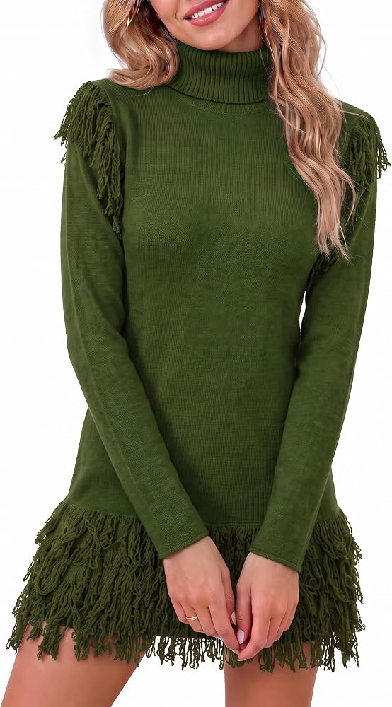 Wenrine Womens Fringe Sweater Dress Fall Winter Turtleneck Knit Pullover | Amazon (US)