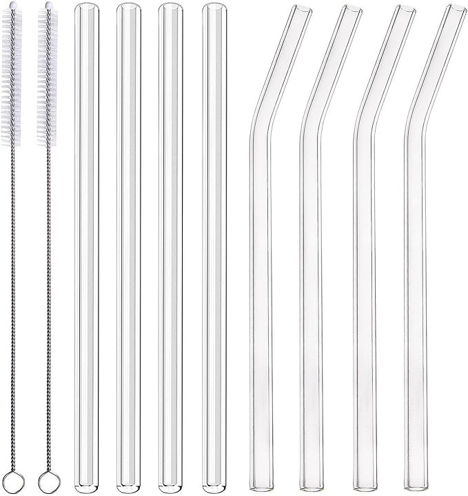 ALINK Glass Smoothie Straws, 10" x 10 mm Long Reusable Clear Drinking Straws, Pack of 8 with 2 Cl... | Amazon (US)
