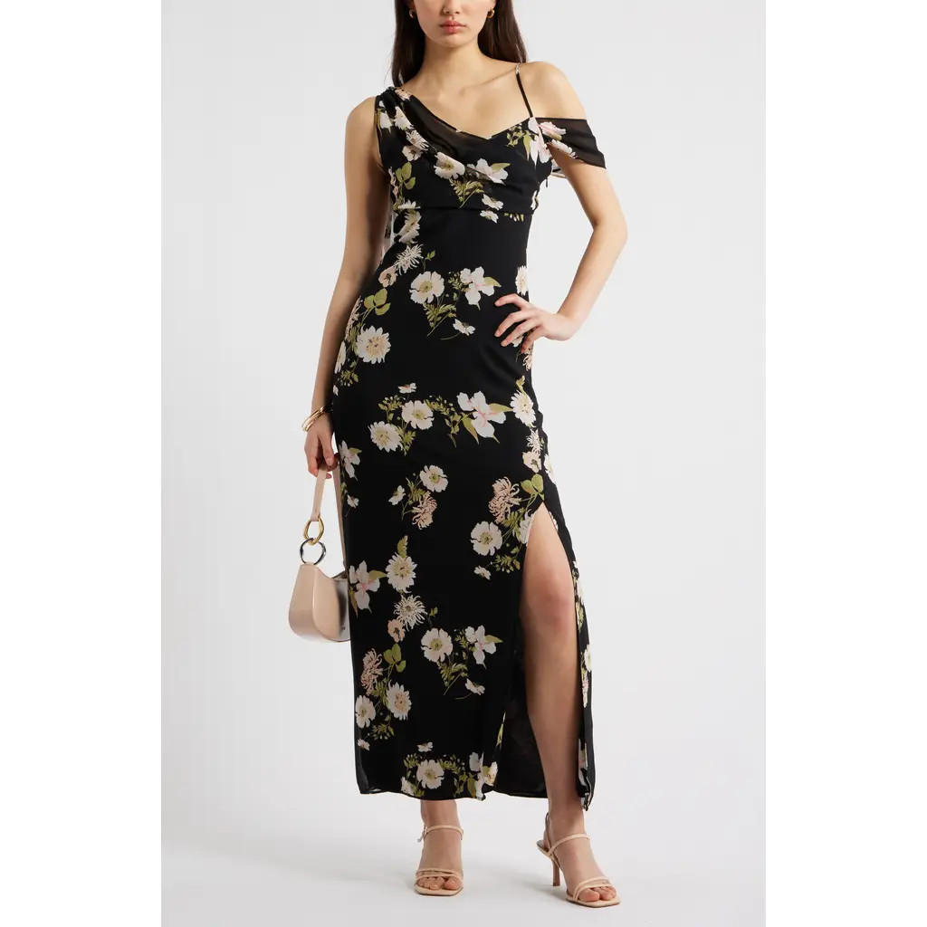 Open Edit Asymmetric Chiffon Dress in Black- Pink Iris Floral at Nordstrom, Size X-Small | Nordstrom