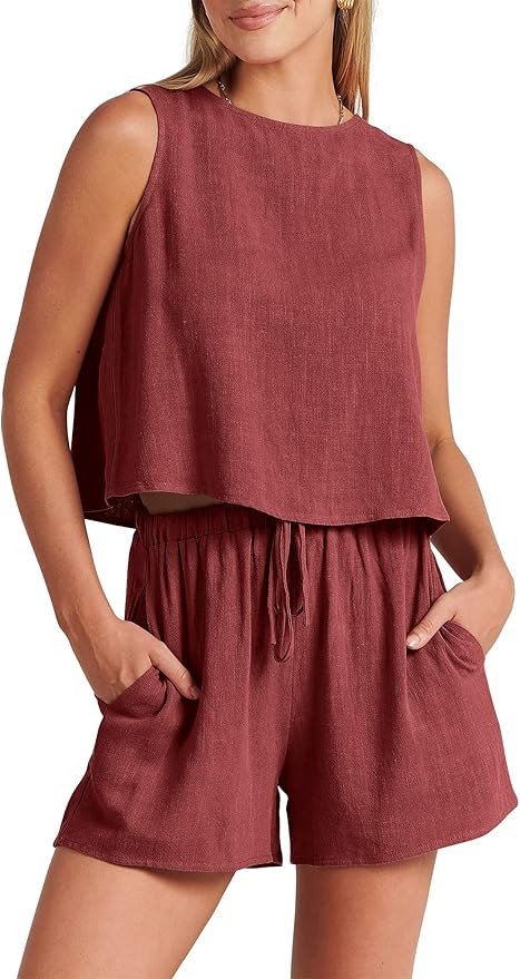 ANRABESS Women’s Summer 2 Piece Outfits Shorts Sets Sleeveless Crop Top Tank and High Waisted S... | Amazon (US)