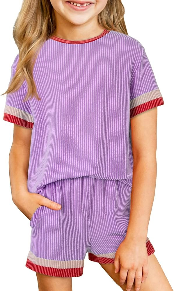 blibean Girls Summer Clothes Sets Kids Contrast Trim Outfits Size 6-15 Years | Amazon (US)
