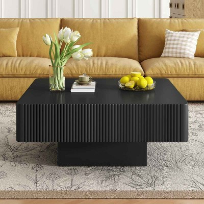 31.6 Inch Minimalist Modern Style Coffee Table, Black Square Fluted Coffee Table with Drum Base, Smooth Painted Table with MDF Top-Coolbibila | Target