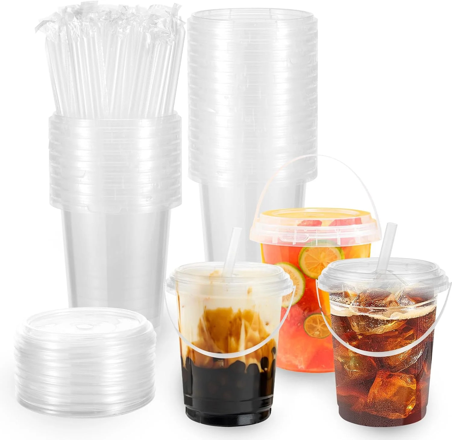 100 Sets Clear Plastic Cups 34 oz Ice Cream Buckets with Lids & Straws Sturdy & Food Safe for Col... | Walmart (US)
