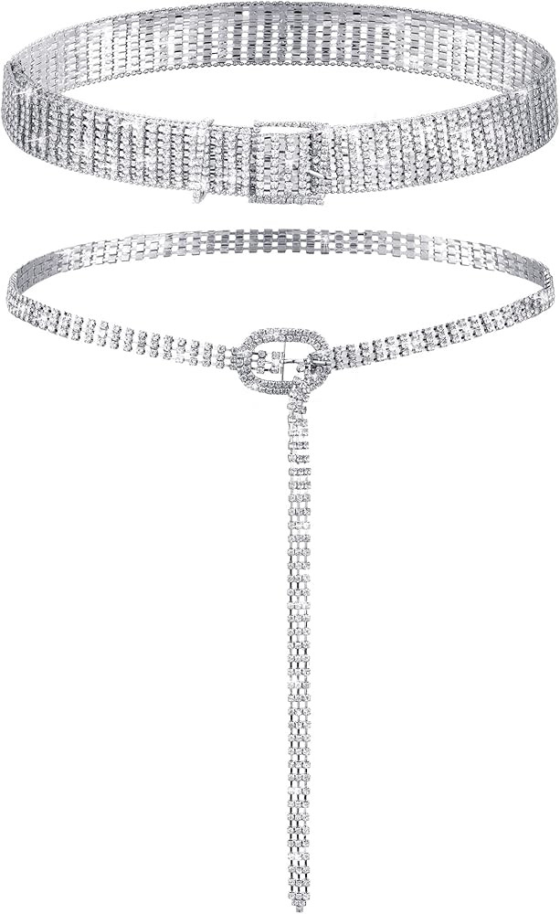 Geyoga 2 Pieces Women Rhinestone Belt for Dress Crystal Diamond Shiny Wide Waist Ladies Belt | Amazon (US)