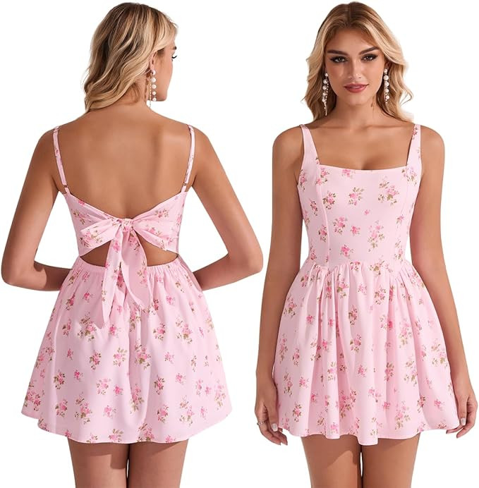 Floral Mini Sundress Casual Bow Tie Square Neck Ruffle A Line Graduation Beach Short Dress for Wo... | Amazon (US)