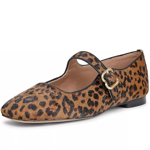 ZIXSAA Leopard Flats for Women Buckle Strap Ballet Flats Square Toe Mary Jane Flats for Women | Amazon (US)