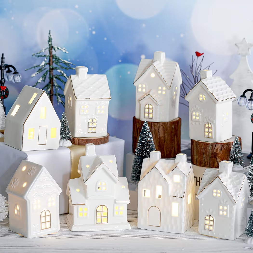Wesiti 28 Pcs Ceramic LED White Christmas Village Set Include 8 LED White Christmas Village House... | Amazon (US)