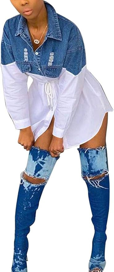 ECDAHICC Women's Casual Denim Patchwork T Shirt Dress Long Sleeve Button Down Collared Tie Front ... | Amazon (US)