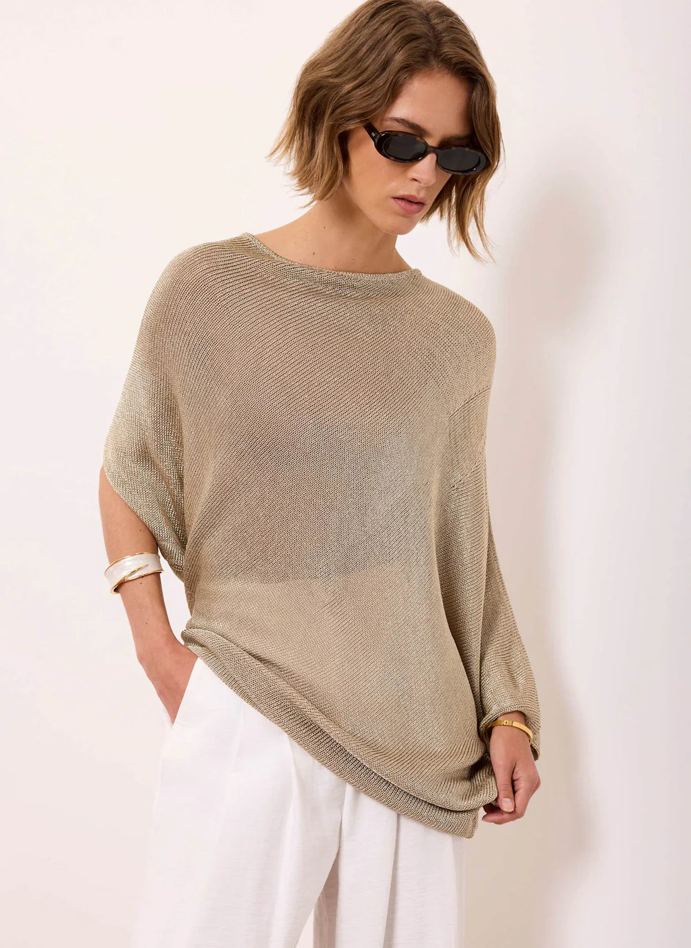 Gold Metallic Knit Poncho Top | Mint Velvet - US