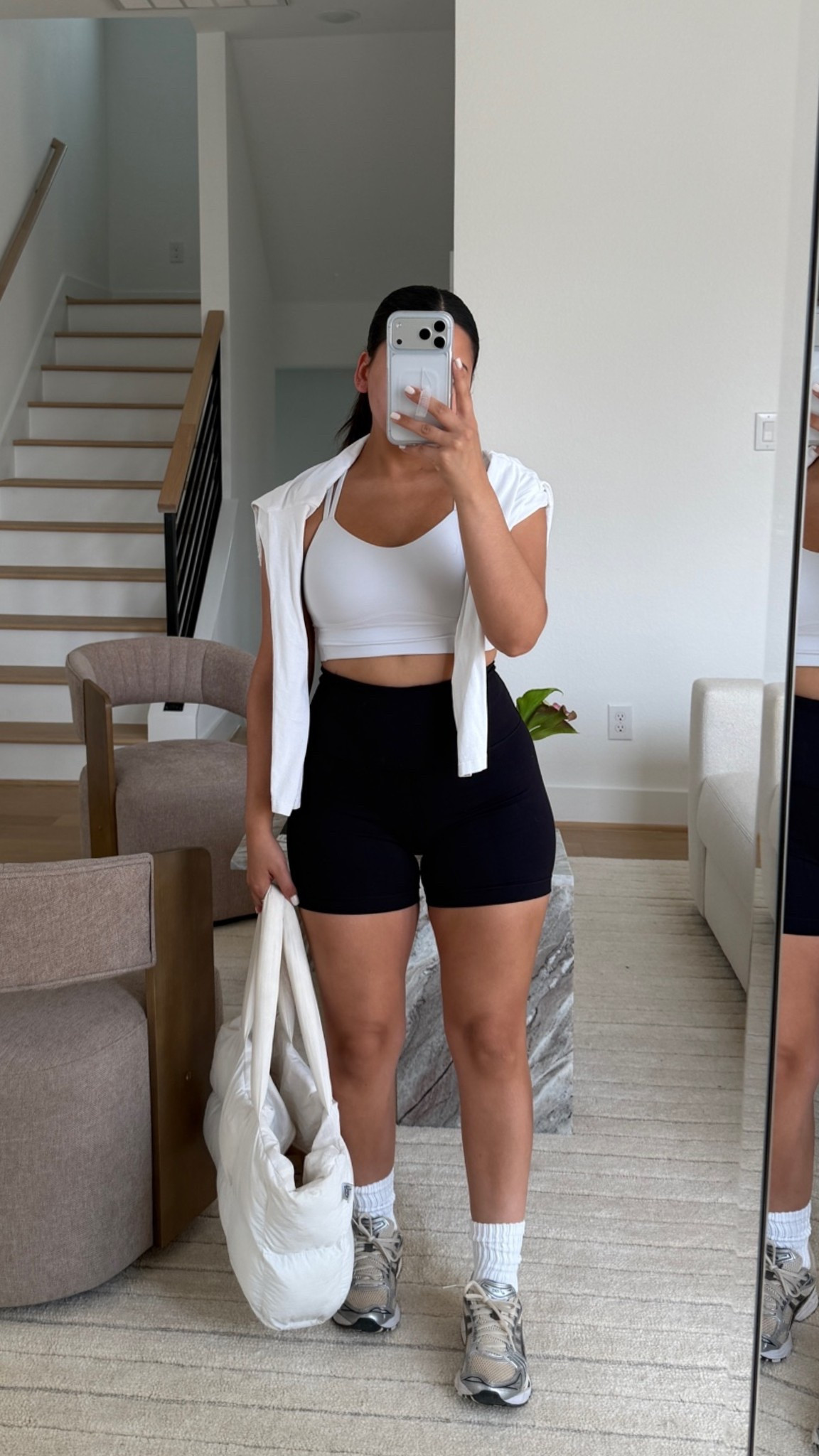 Sports bra: 2 
Shorts: small
Long sleeve: xs 
White ankle socks 
Sneakers: 6.5 women 
Gym bag

#LTKgrwm #LTKootd #LTKActive