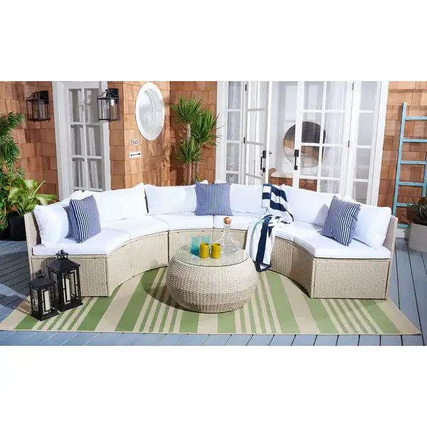 SAFAVIEH Outdoor Jesvita Demilune Half-moon Wicker Patio Chat Set - Beige with White Cushions | Bed Bath & Beyond