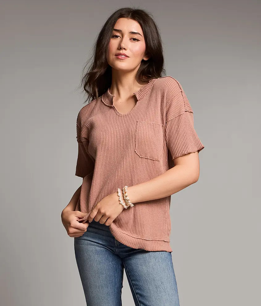 Large Burlwood Raw Edge Ribbed Top | Buckle