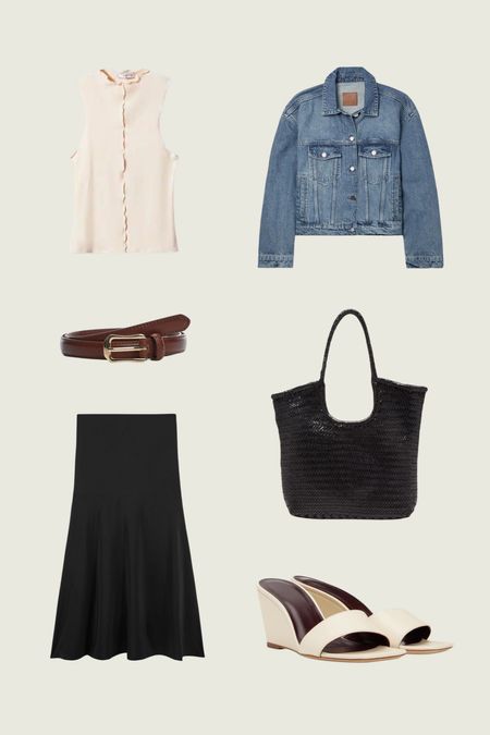Black silk maxi skirt and oversized denim jacket minimalist summer outfit idea   